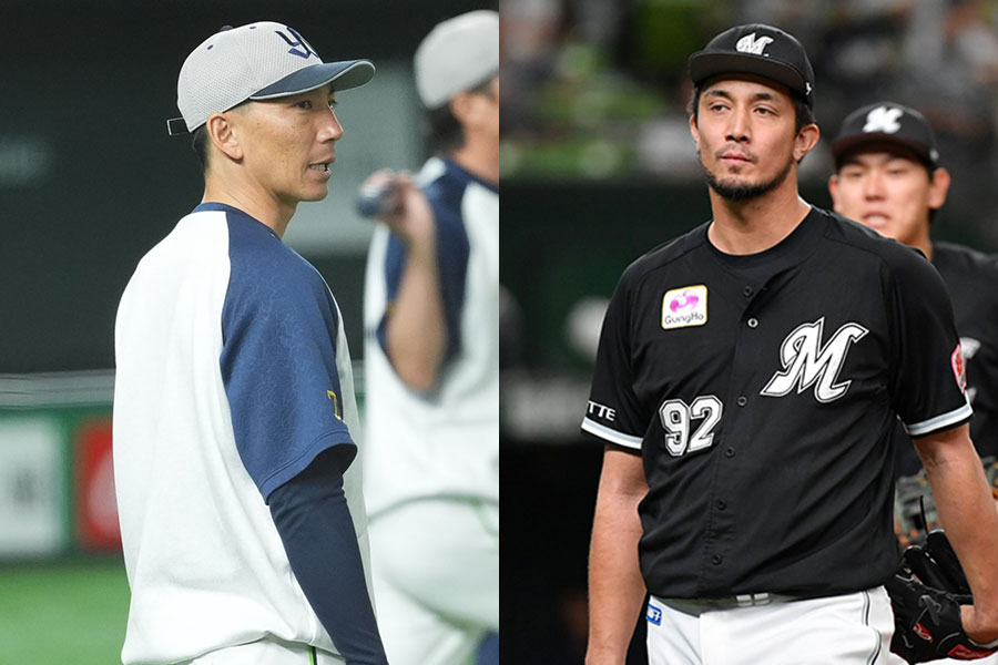 ヤクルト・嶋基宏コーチ（左）とロッテ・国吉佑樹【写真：小林靖】
