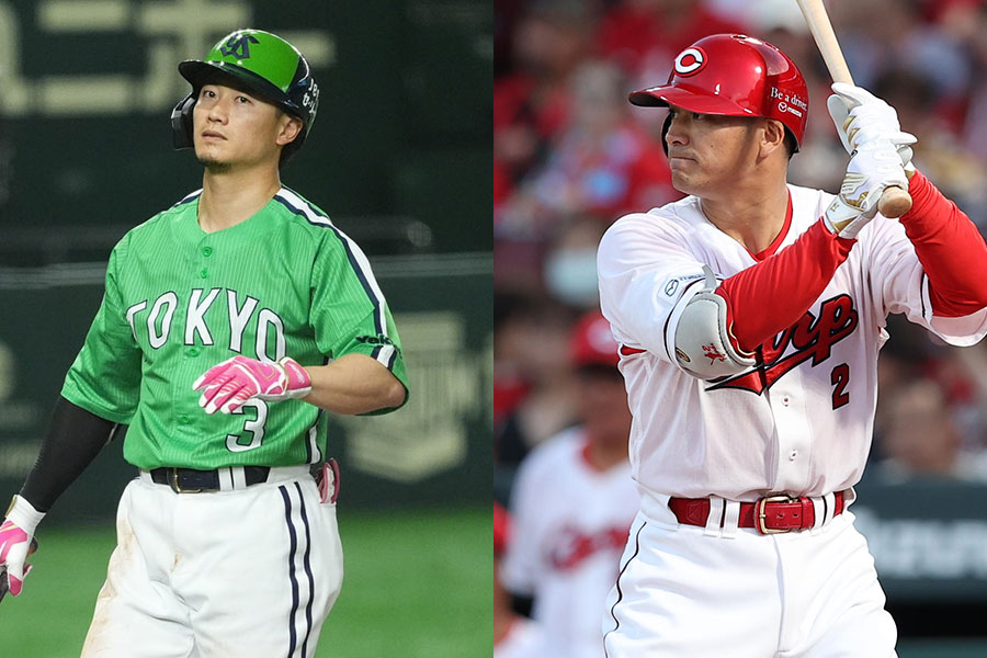 ヤクルトの西川遥輝（左）と広島・田中広輔【写真：小林靖、栗木一考】