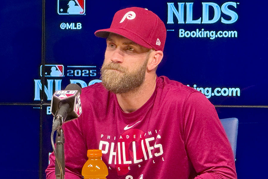 第3戦の前日会見に出席したフィリーズのブライス・ハーパー【写真:小谷真弥】