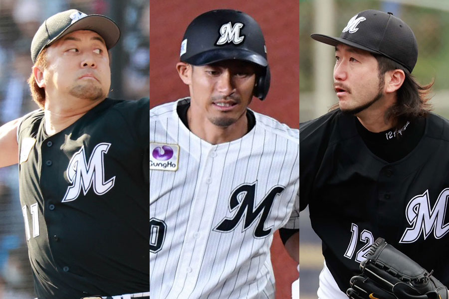 退団が発表されたロッテ・澤村拓一、荻野貴司、石川歩（左から）【写真：小池義弘、小林靖】