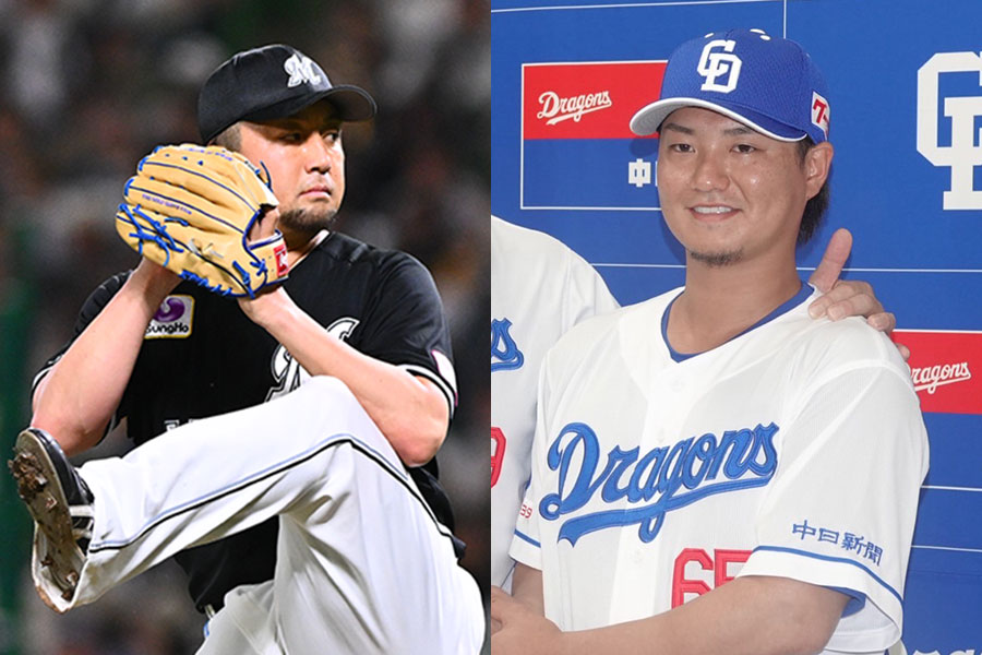 ロッテ・澤村拓一（左）と中日・佐藤龍世【写真：古川剛伊、木村竜也】