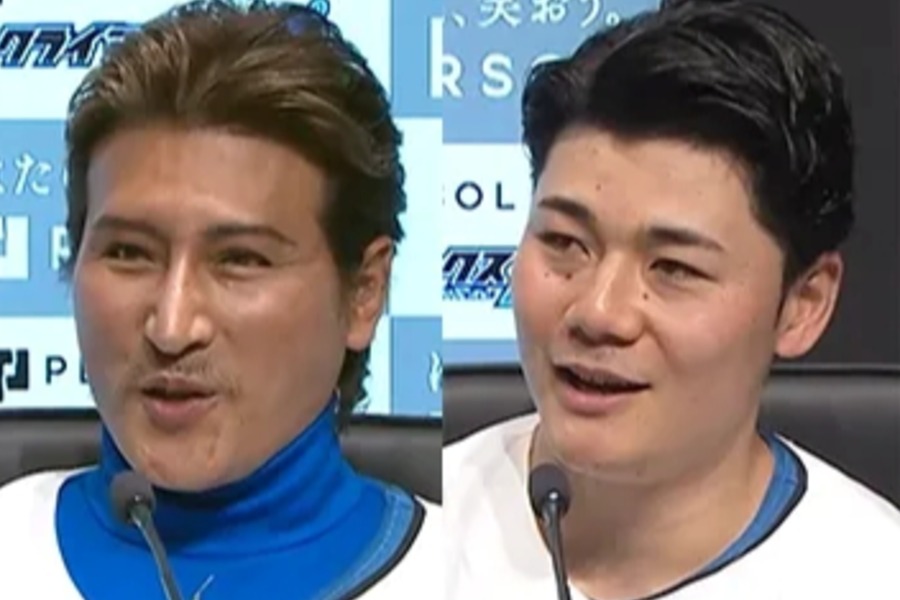 会見に臨んだ日本ハム・新庄剛志監督（左）と清宮幸太郎【画像：パーソル パ・リーグTV】