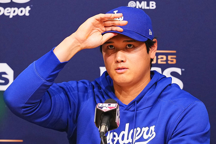 試合前日の会見に出席したドジャース・大谷翔平【写真：荒川祐史】