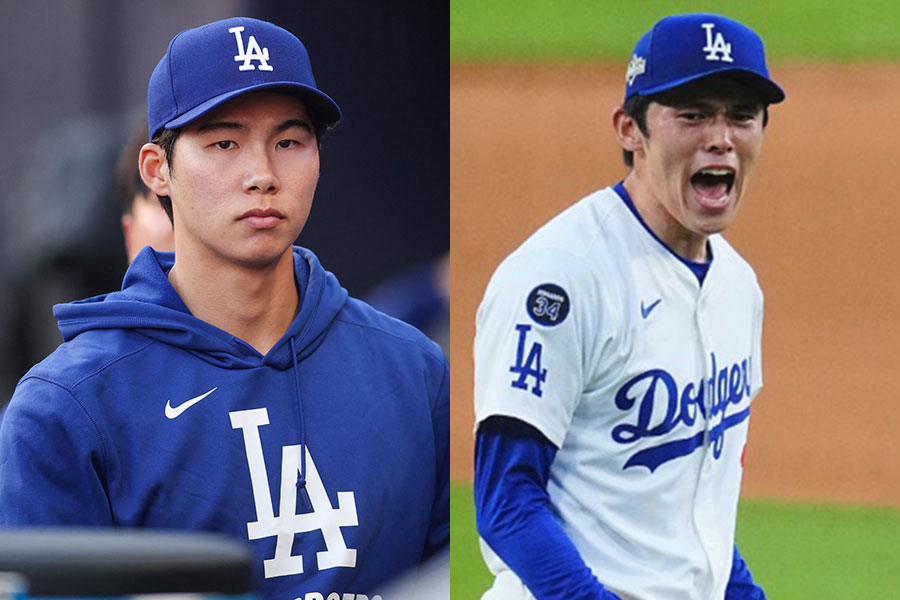 ドジャースのキム・ヘソン（左）と佐々木朗希【写真：ロイター、荒川祐史】