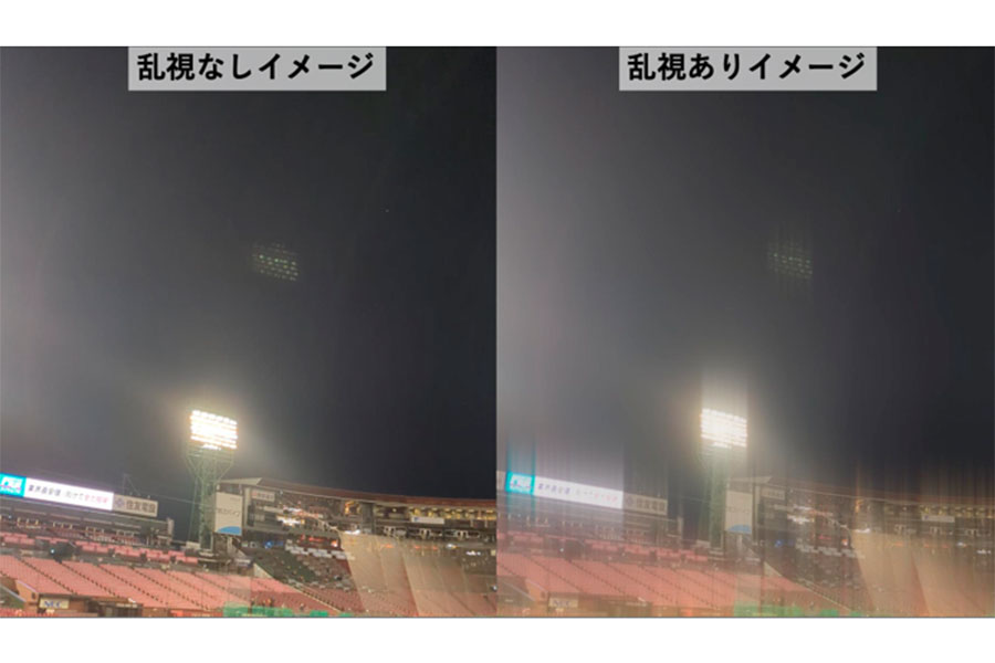乱視の有無によるナイターでの見え方のイメージ【画像提供：北里大学・半田知也教授】