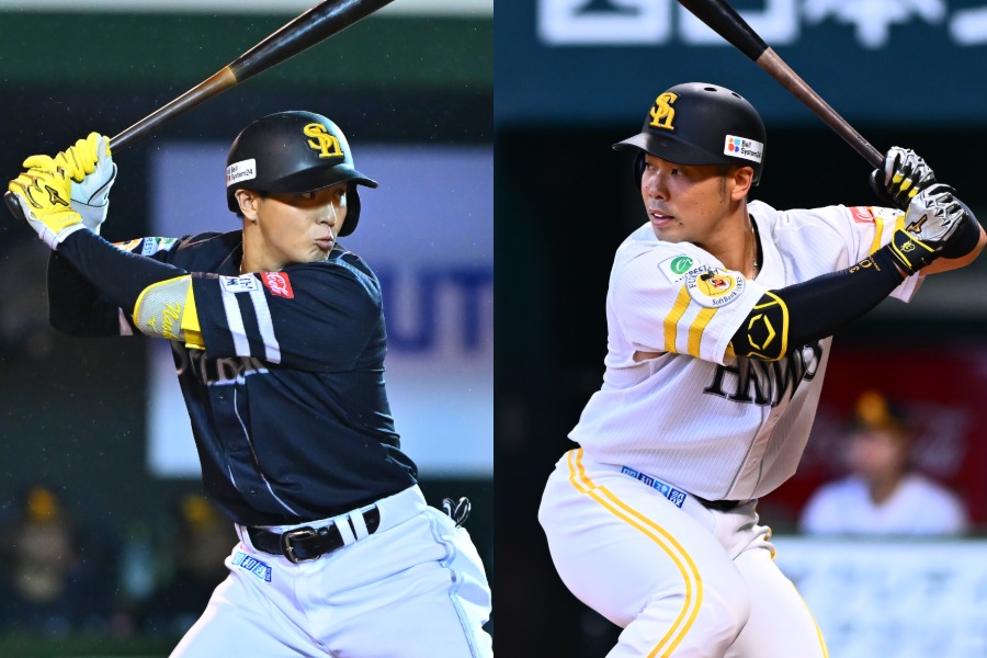 ソフトバンク・佐藤直樹（左）と近藤健介【写真：古川剛伊】