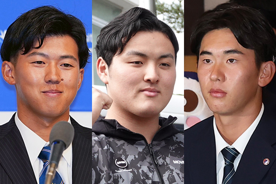 創価大・立石正広、スタンフォード大・佐々木麟太郎、明治大・小島大河(左から)【写真:小林靖、川村虎大、加治屋友輝】