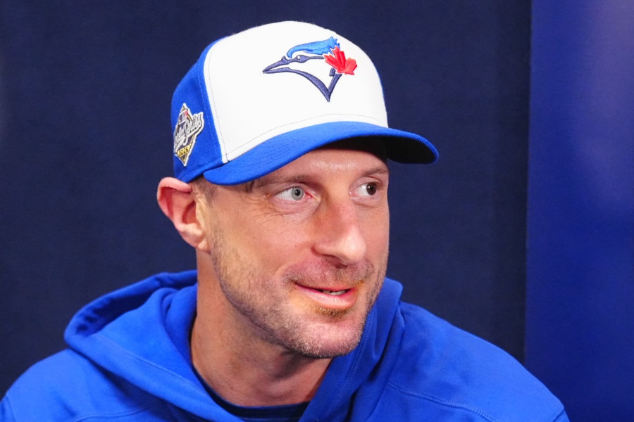 前日会見に臨んだブルージェイズのマックス・シャーザー【写真：荒川祐史】