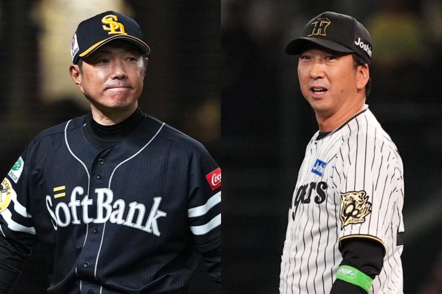 ソフトバンク・小久保裕紀監督（左）と阪神・藤川球児監督【写真：小林靖】