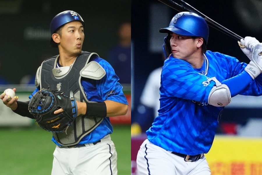 DeNA・山本祐大（左）と森敬斗【写真：小林靖】