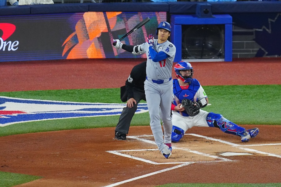 第1打席、三振に倒れたドジャース・大谷翔平【写真：荒川祐史】