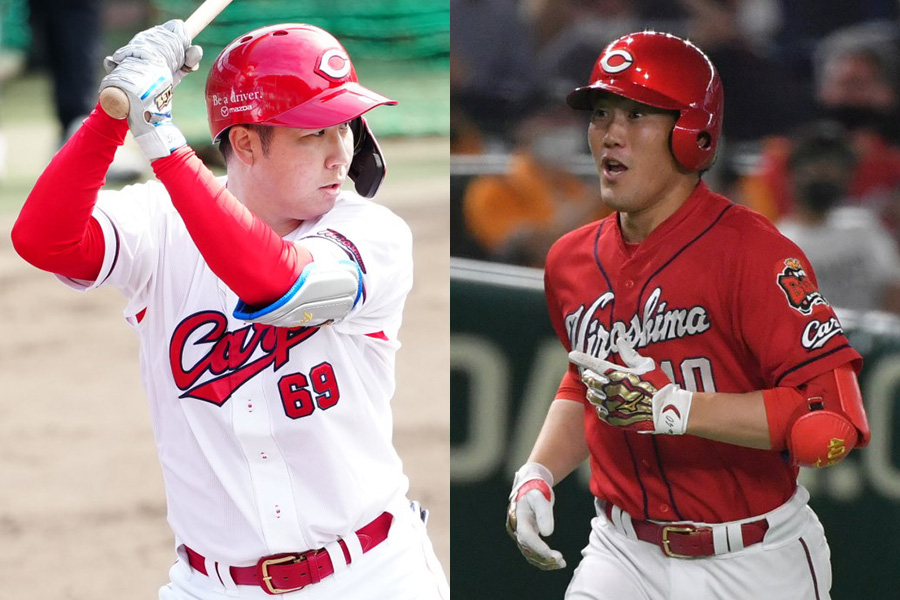 広島・山足達也(左)と磯村嘉孝【写真:小林靖】