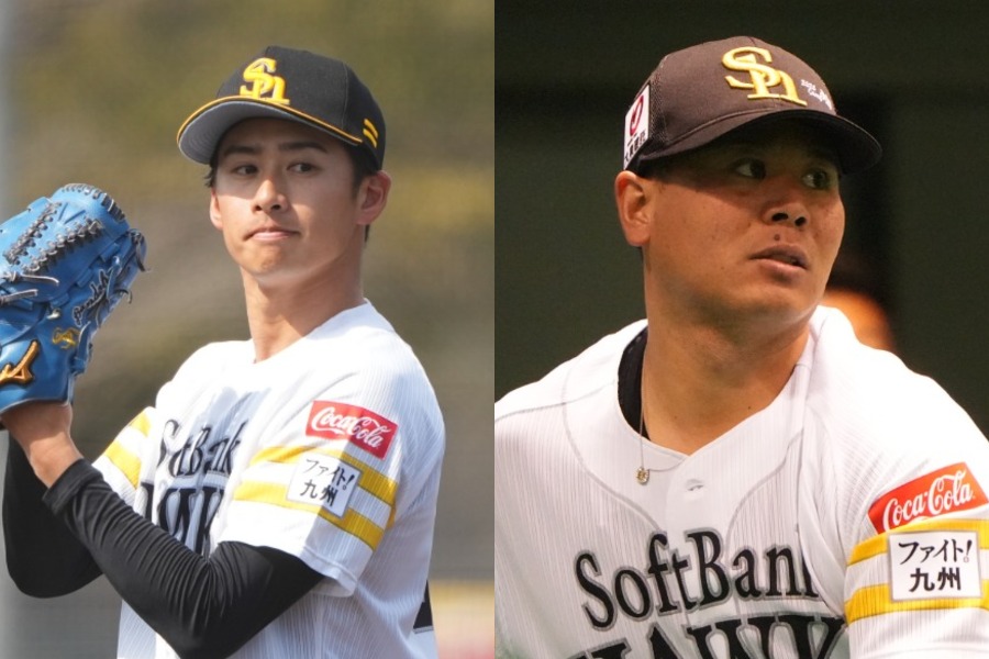 ソフトバンク・板東湧梧（左）と浜口遥大【写真：冨田成美】