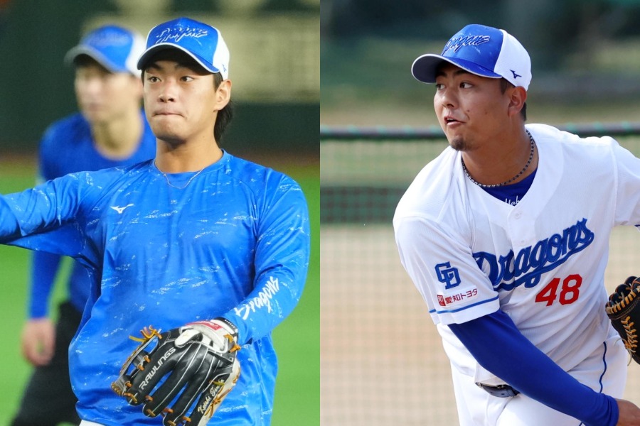 中日・津田啓史（左）と土生翔太【写真：小池義弘、栗木一考】