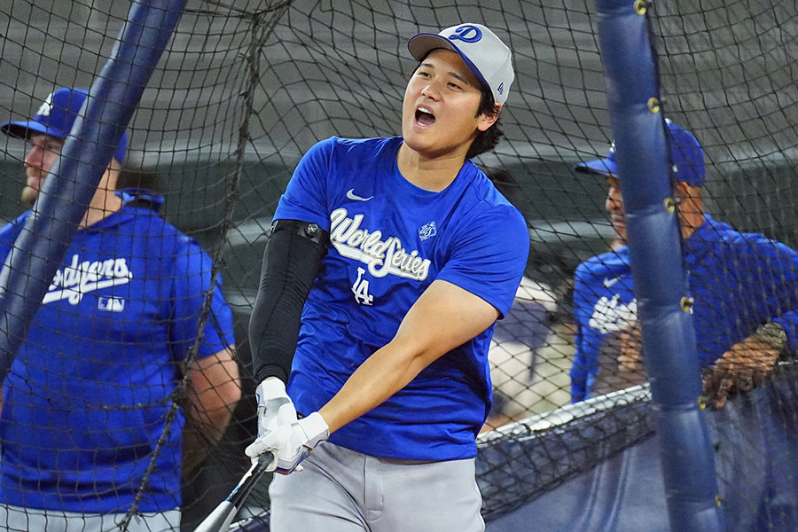 敵地でフリー打撃を行ったドジャース・大谷翔平【写真：荒川祐史】