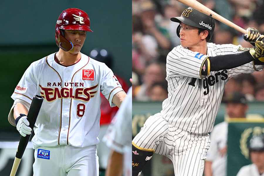 楽天・辰巳涼介（左）と阪神・近本光司【写真：古川剛伊、小林靖】