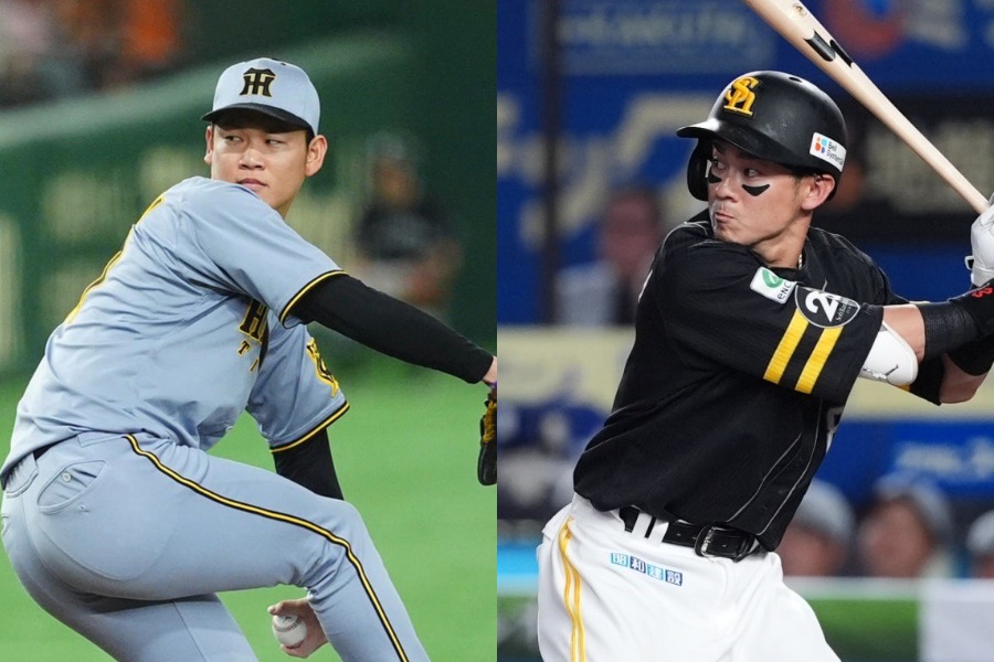 阪神・及川雅貴（左）とソフトバンク・牧原大成【写真：小林靖】