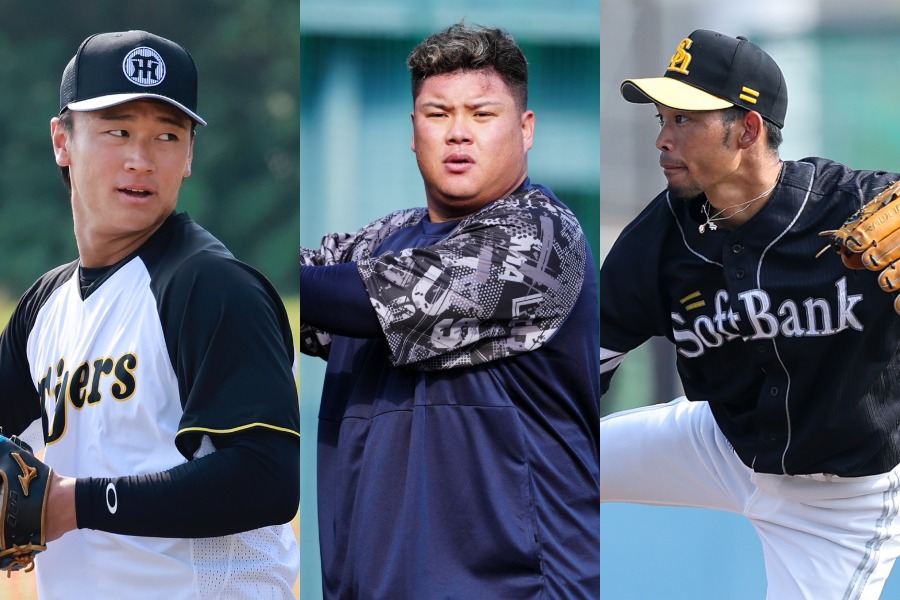 元阪神・森木大智、元西武・渡部健人、元ソフトバンク・又吉克樹(左から)【写真:小池義弘、小林靖、加治屋友輝】