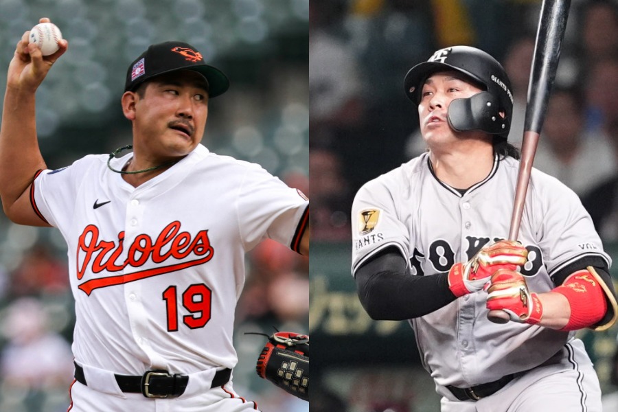 オリオールズ・菅野智之（左）と巨人・甲斐拓哉【写真：ロイター、小林靖】