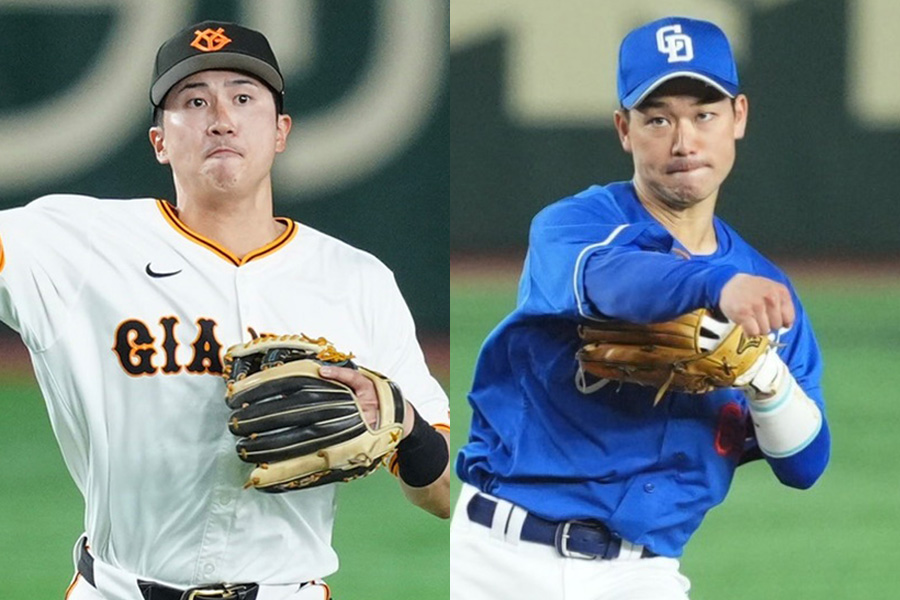 巨人・泉口友汰（左）と中日・山本泰寛【写真：矢口亨、小林靖】