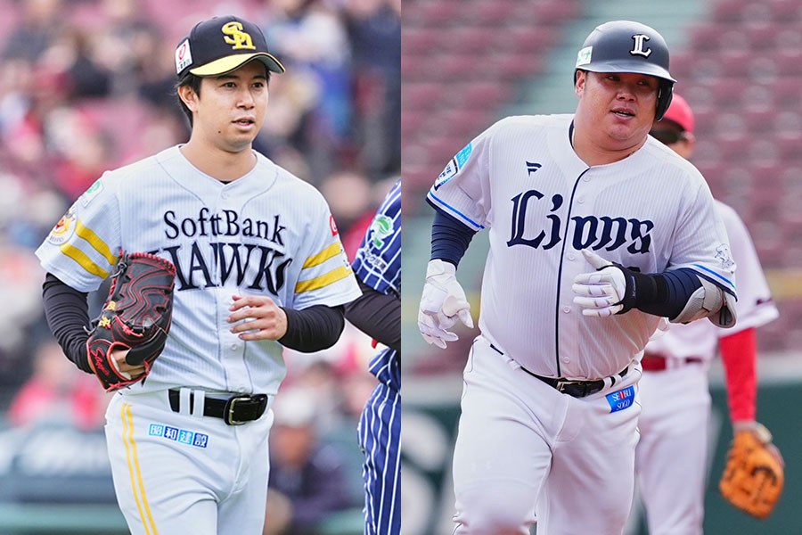 トライアウトに参加したソフトバンク・大城真乃（左）と西武・渡部健人【写真：小林靖】