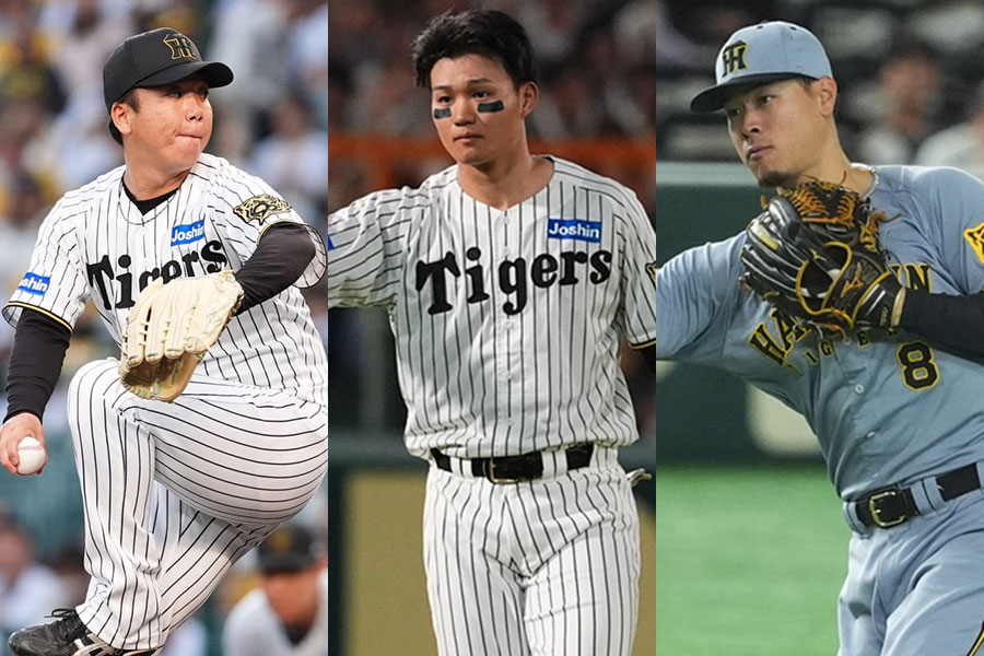 GG賞を初受賞した阪神・村上頌樹、森下翔太、佐藤輝明（左から）【写真：小林靖】