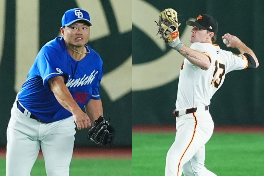 中日・細川成也（左）と巨人のトレイ・キャベッジ【写真：小林靖】