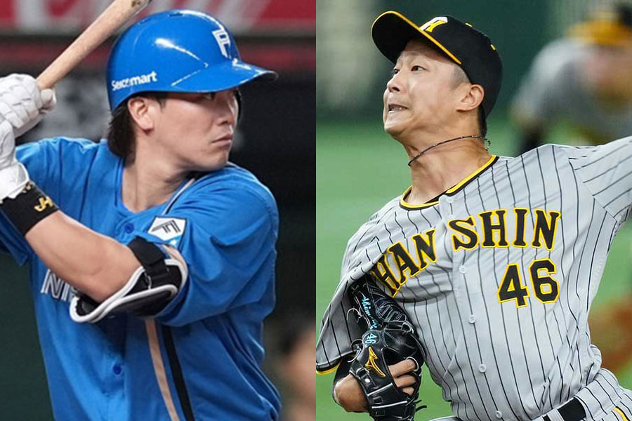 日本ハム・伏見寅威（左）と阪神・島本浩也【写真：小林靖、矢口亨】
