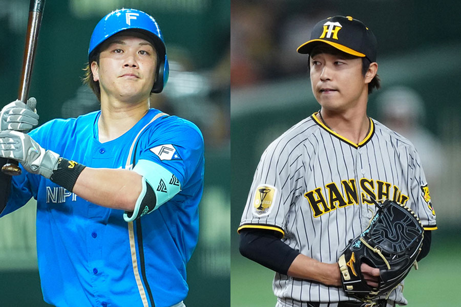 交換トレードが発表された日本ハム・伏見寅威（左）と阪神・島本浩也【写真：イワモトアキト、矢口亨】