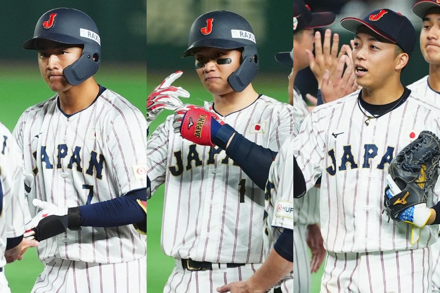 侍ジャパン・西川史礁、森下翔太、岡林勇希(左から)【写真:小林靖】