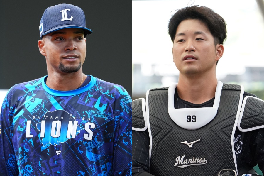 ヤクルトが獲得を発表したモンテル（左）と柿沼友哉【写真：小林靖、荒川祐史】