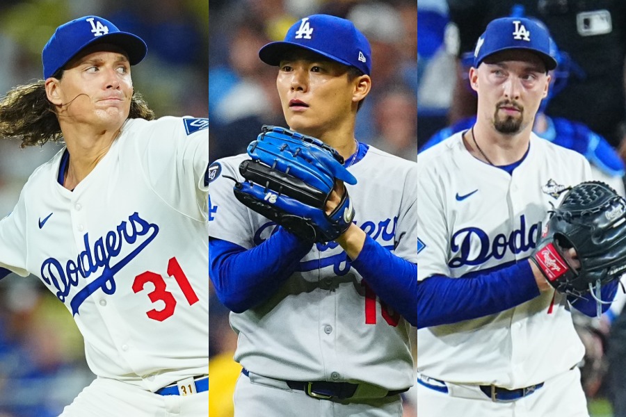 ドジャースのタイラー・グラスノー、山本由伸、ブレイク・スネル（左から）【写真：荒川祐史】