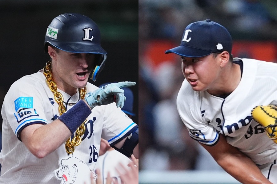 西武のタイラー・ネビンと山田陽翔【写真：小林靖】
