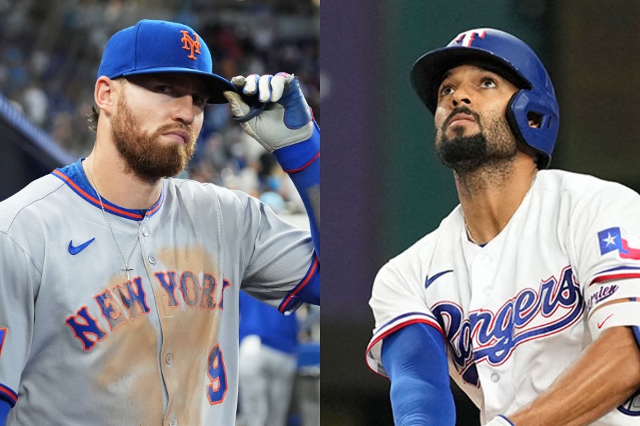 メッツのブランドン・ニモ(左)とレンジャーズのマーカス・セミエン【写真:アフロ、ロイター】