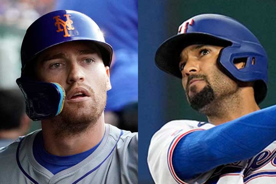 メッツのブランドン・ニモ(左)とレンジャーズのマーカス・セミエン【写真:ロイター】