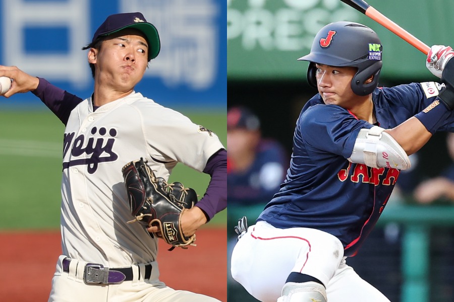 日本ハムから1位指名された大川慈英（左）と3位で指名された大塚瑠晏【写真：加治屋友輝】