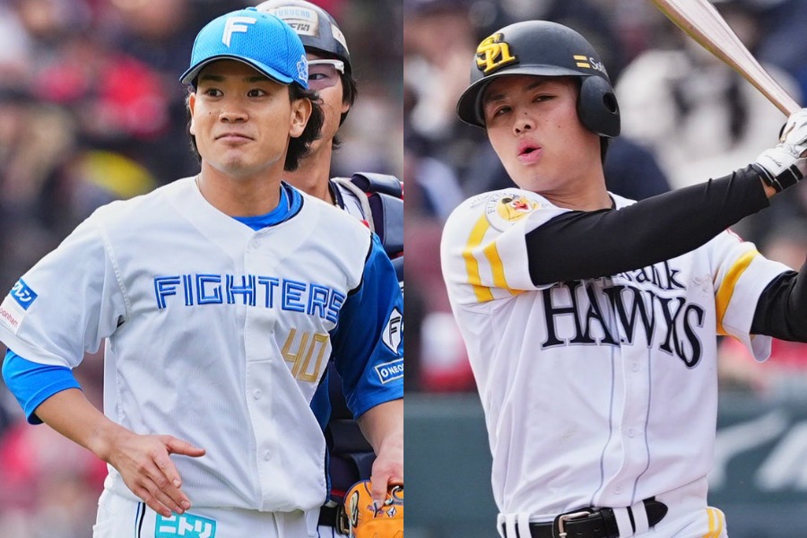 トライアウトに参加した日本ハム・福田俊（左）とソフトバンク・川原田純平【写真：小林靖】