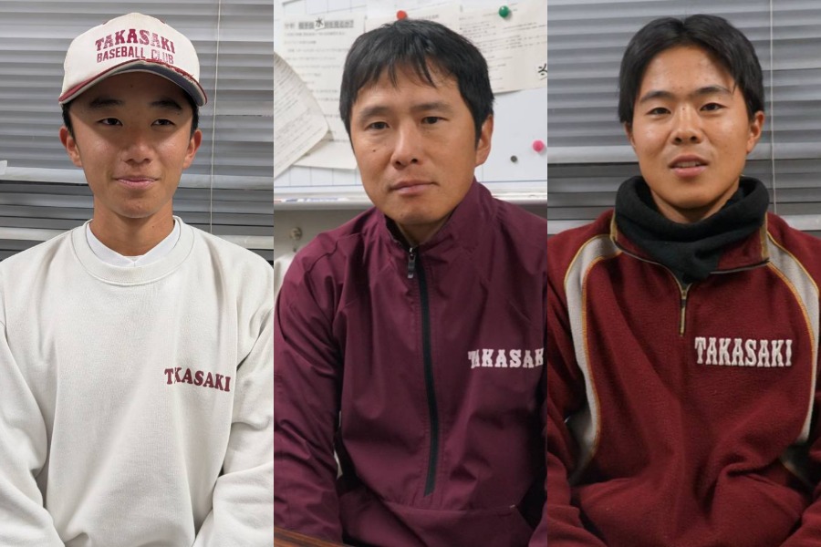 高崎高校野球部・宮石悠歩、飯野道彦監督、小島大和(左から)【写真:新井裕貴】