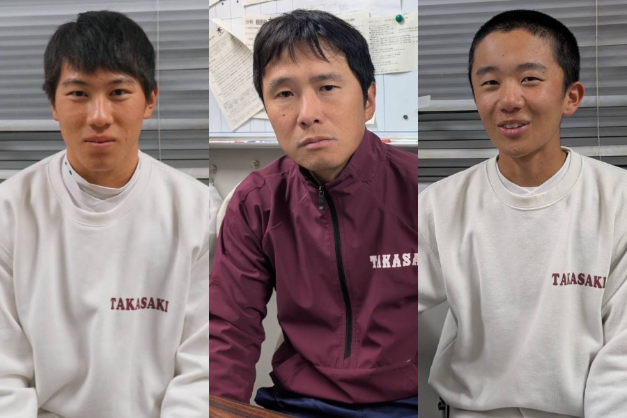高崎高校野球部・坂下悠真、飯野道彦監督、宮石悠歩(左から)【写真:新井裕貴】