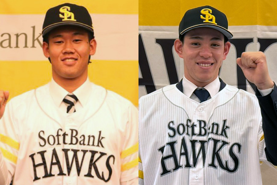 ソフトバンクに入団した稲川竜汰（左）と高橋隆慶【写真：飯田航平、川村虎大】