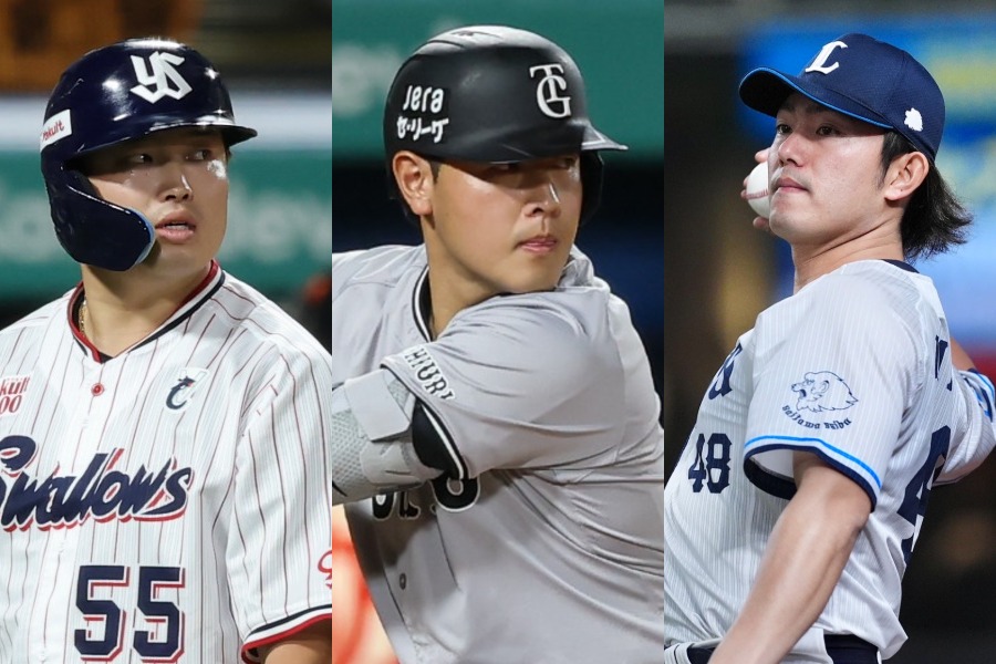 MLB移籍を目指す村上宗隆、岡本和真、今井達也(左から)【写真:加治屋友輝、小林靖】