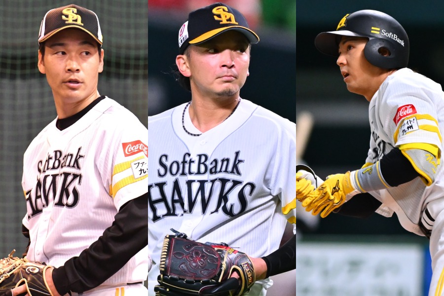 ソフトバンク・武田翔太、東浜巨、佐藤直樹(左から)【写真:古川剛伊】