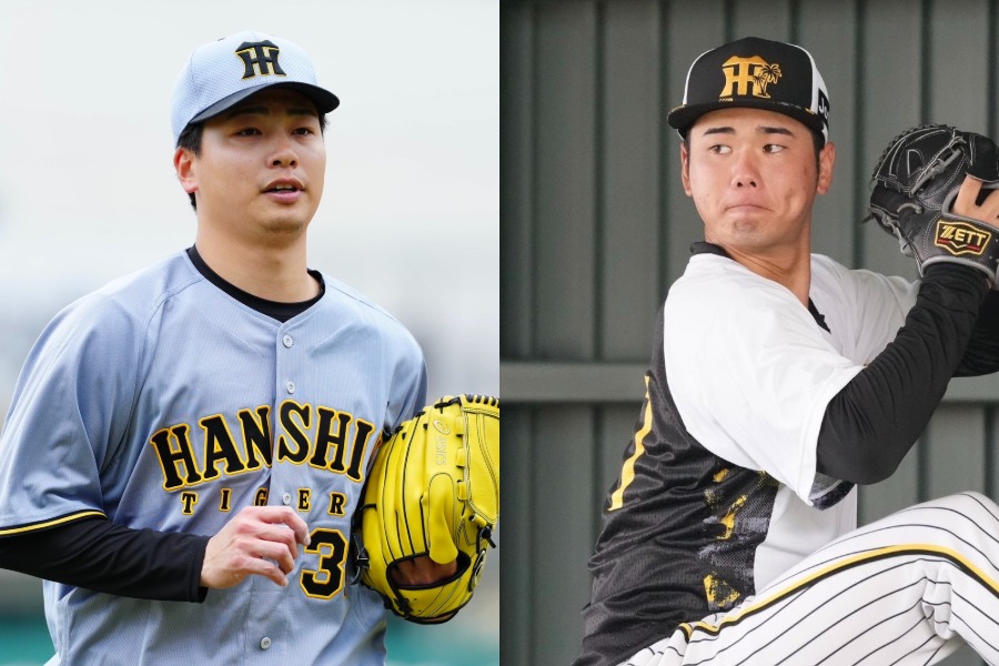 阪神のアカデミーコーチに就任が決まった漆原大晟氏(左)と川原陸氏【写真:小林靖】