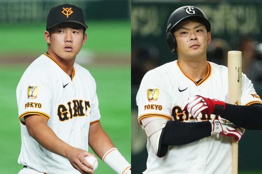 巨人・石塚裕惺(左)と荒巻悠【写真:小林靖】