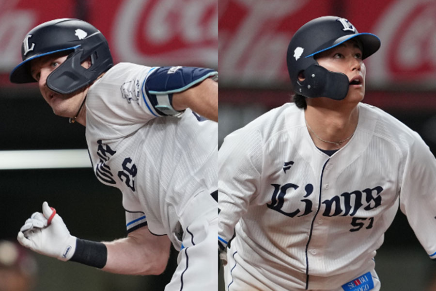 西武タイラー・ネビン(左)と西川愛也【写真:球団提供】
