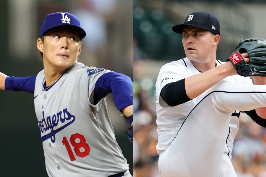 ドジャース・山本由伸（左）とタイガースのタリク・スクーバル【写真：ロイター】