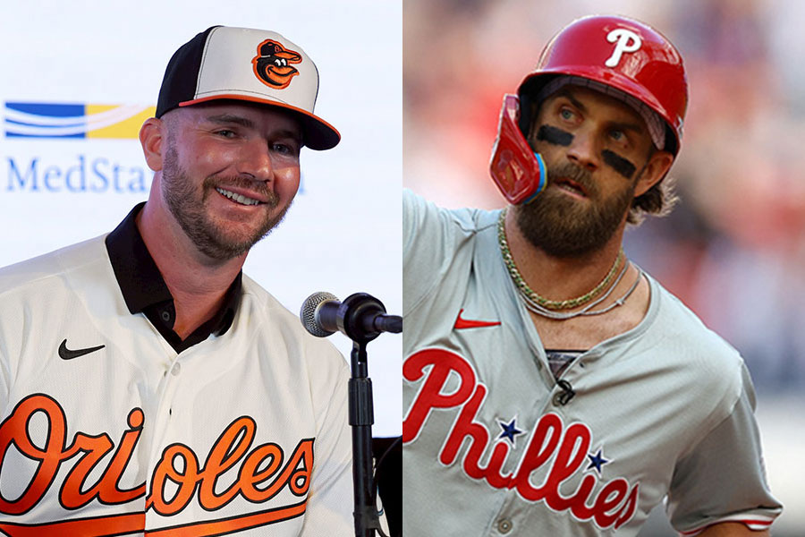 オリオールズのピート・アロンソ（左）とフィリーズのブライス・ハーパー【写真：球団提供、ロイター】