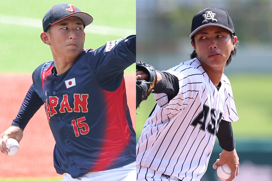 広島2位の亜大・齊藤汰直(左)と巨人3位の山城京平【写真:加治屋友輝】