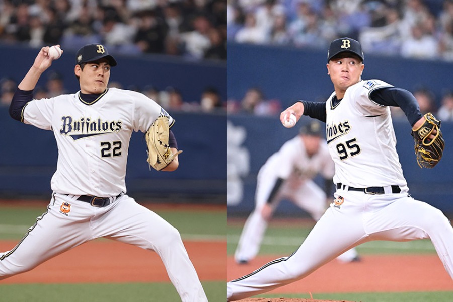 オリックス・九里亜蓮（左）と才木海翔【写真：球団提供】