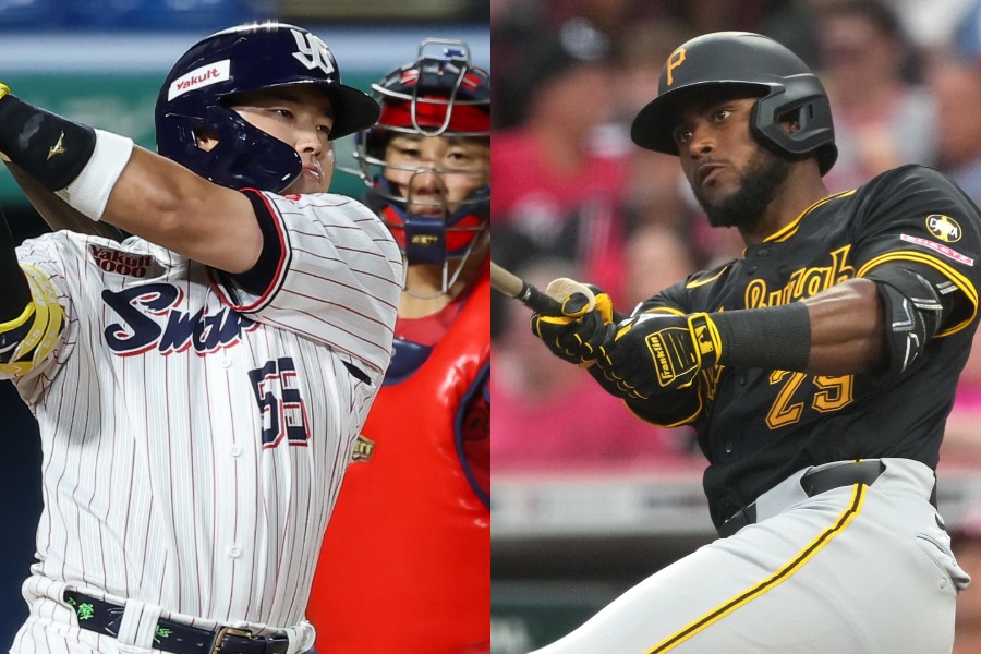 村上宗隆（左）と西武が獲得したアレクサンダー・カナリオ【写真：加治屋友輝、アフロ】